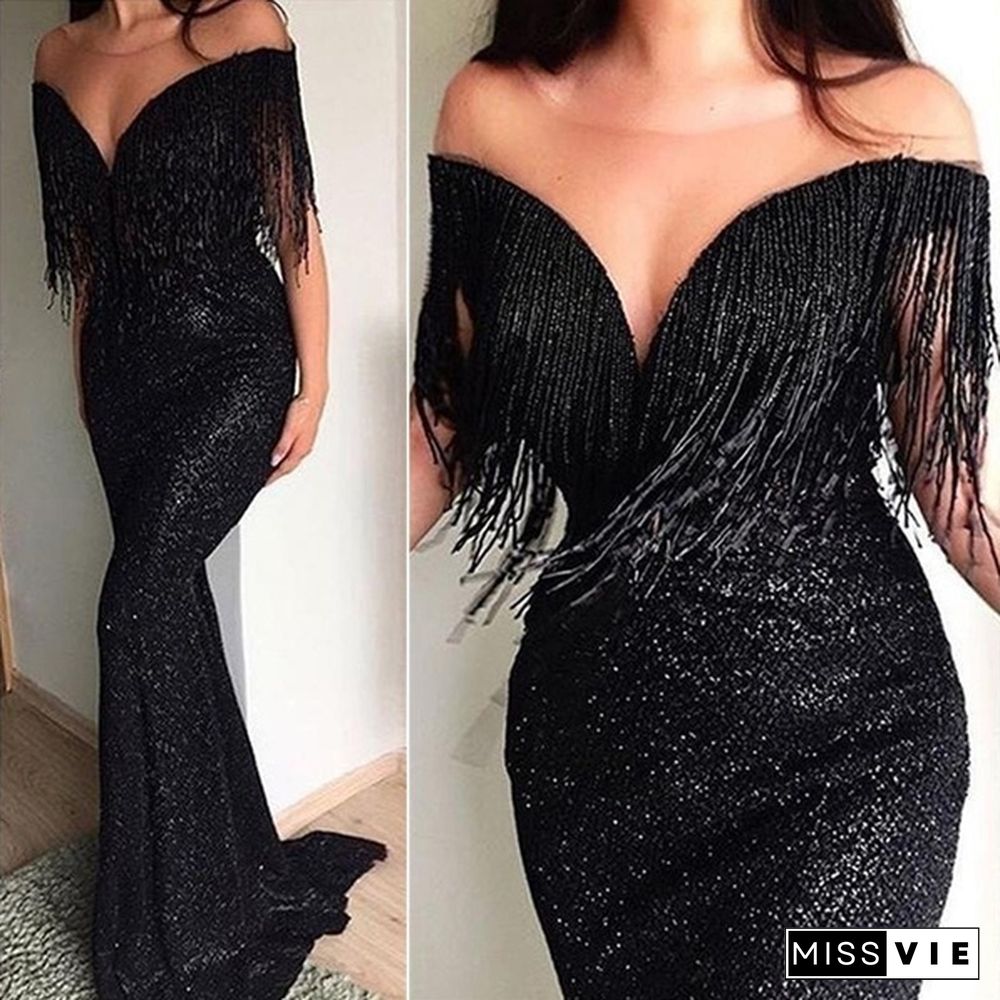 Womens Deep V-neck Off Shoulder Long Black Dress Fringe Evening Bride Gowns