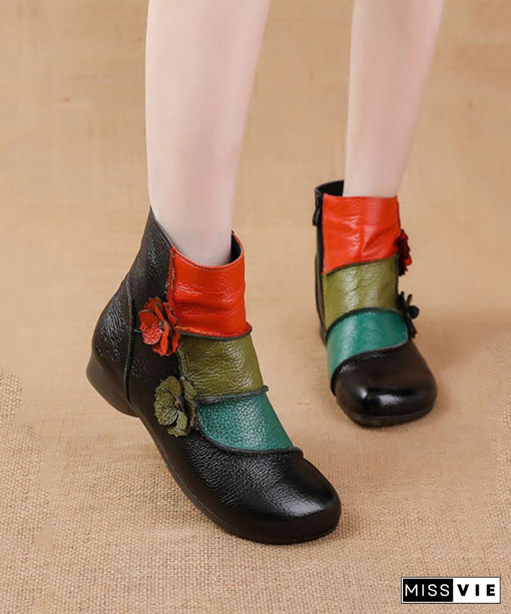 Soft Cowhide Leather Boots Boho Black Splicing Floral