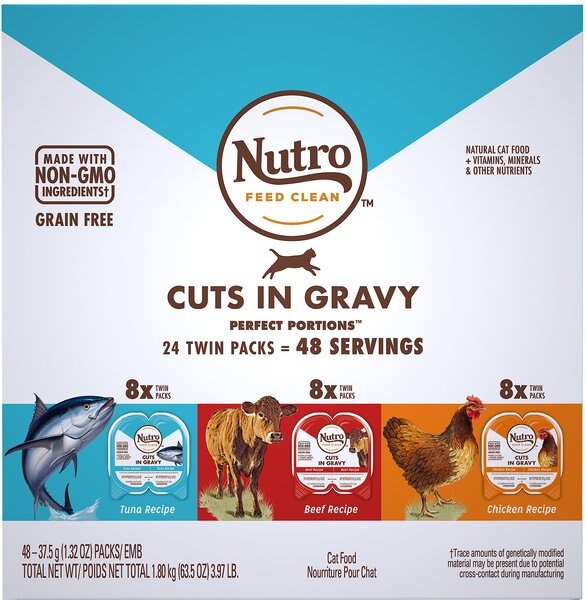 Nutro Perfect Portions Grain-Free Cuts in Gravy Variety Pack Beef， Tuna and Chicken Recipe Adult Cat Food Trays