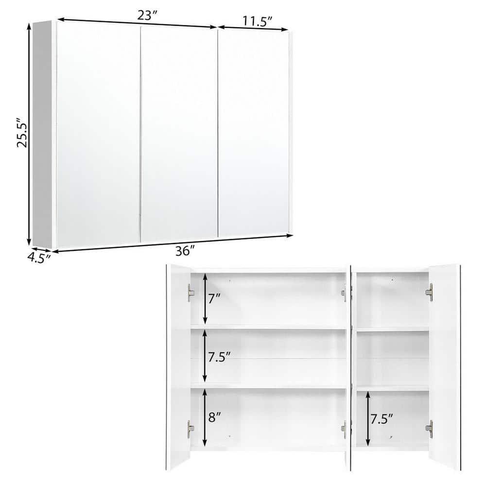 WELLFOR 36 in Width x 255 in Height x 45 in Depth Surface Mount Medicine Cabinet in TriView Mirror in White