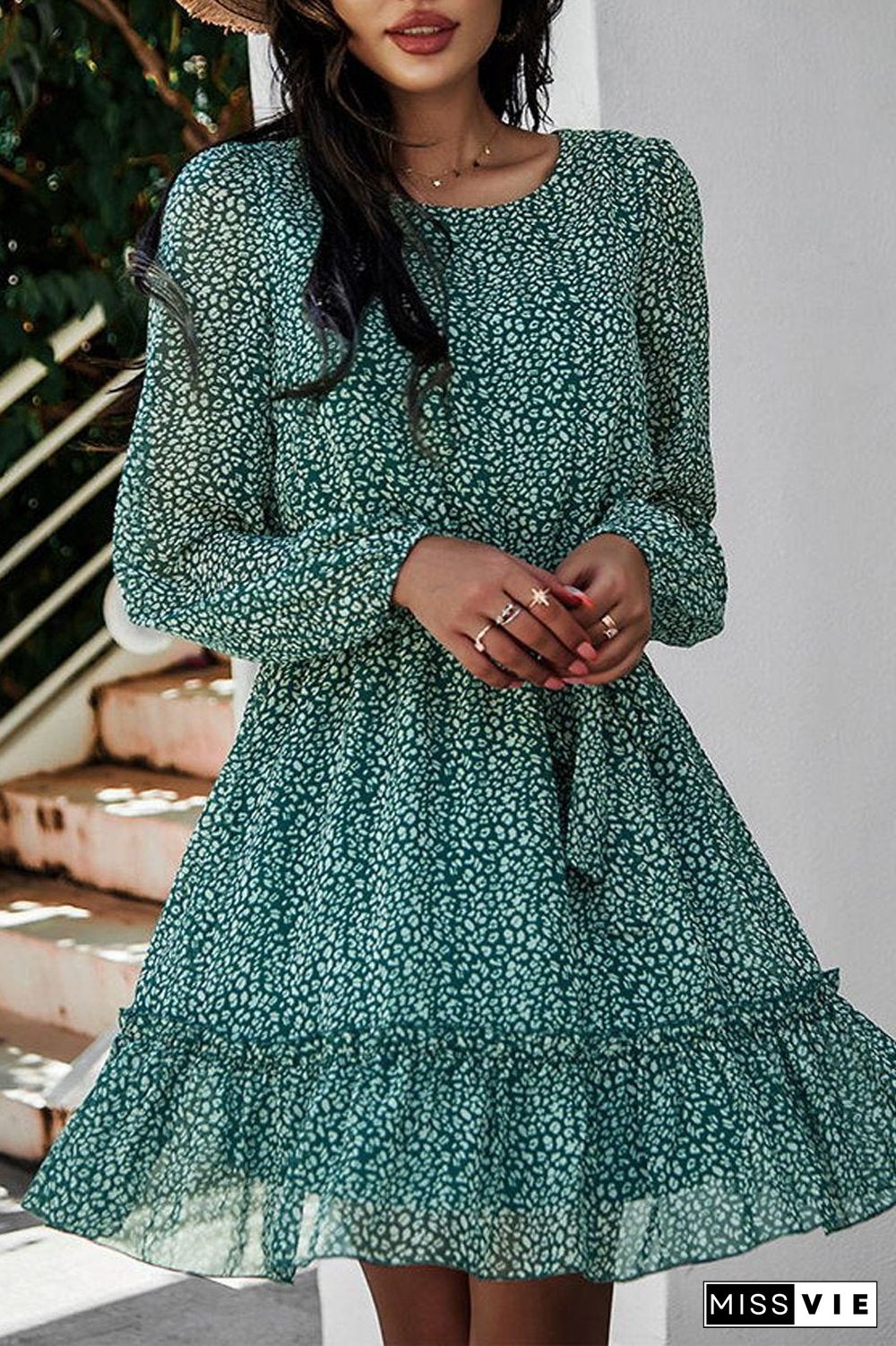 Lace-Up Floral Printed Ruffle Dress