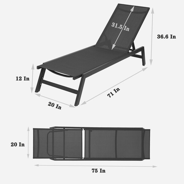 2-Pcs Set Chaise Lounge Chairs， Five-Position Adjustable Aluminum Recliner( Grey Frame/ Black fabric)