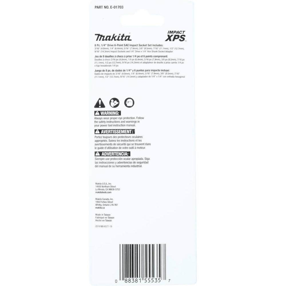 Makita ImpactXPS 1/4 in. Drive 6-Point SAE Impact Socket Set with Standard Socket Adapter (8-Piece) E-01703