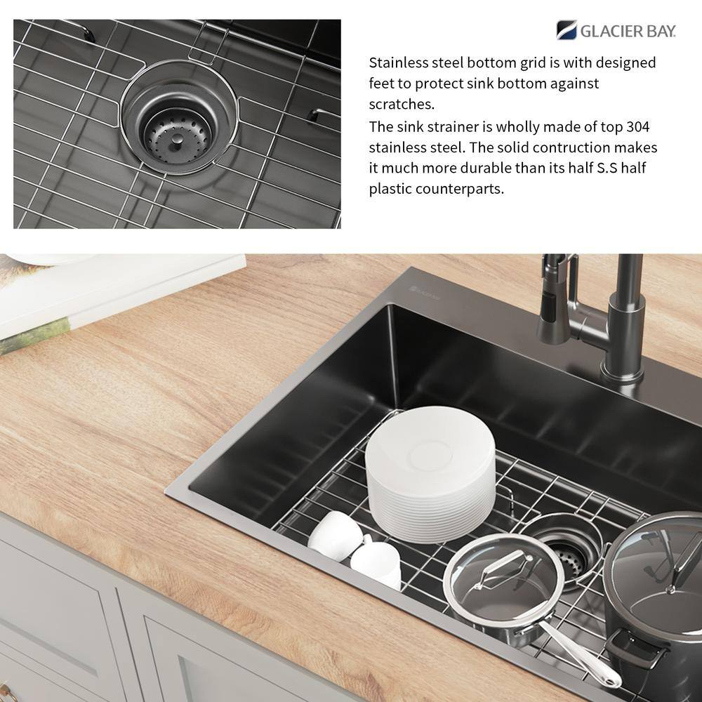 Glacier Bay 30 in. Gunmetal Black Stainless Steel Drop-inUndermount Single Bowl Kitchen Sink with Accessories ACS3022A1T