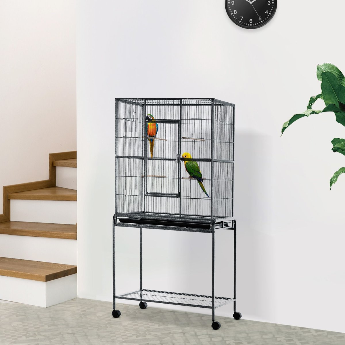 PawHut 30-in Rolling Metal Bird Cage， Black and Gray