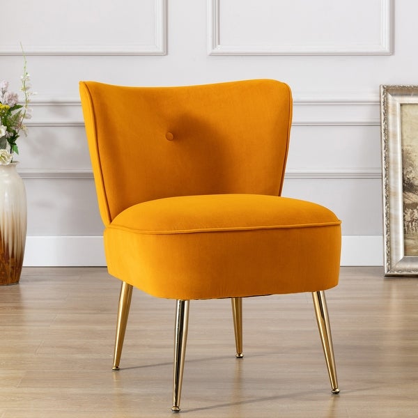 Modern Velvet Side Tufted Wingback Accent Leisure Chair with Ginger Fabric Upholstered Seat and Gold Metal Legs