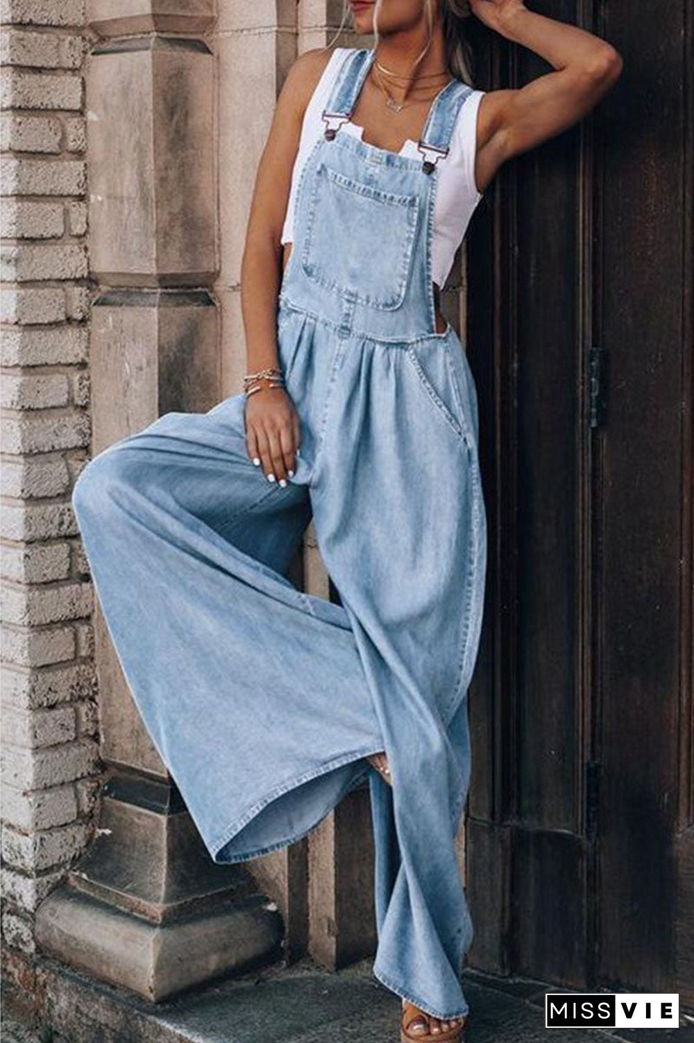 Fashion Casual Solid Pocket Spaghetti Strap Loose Jumpsuits