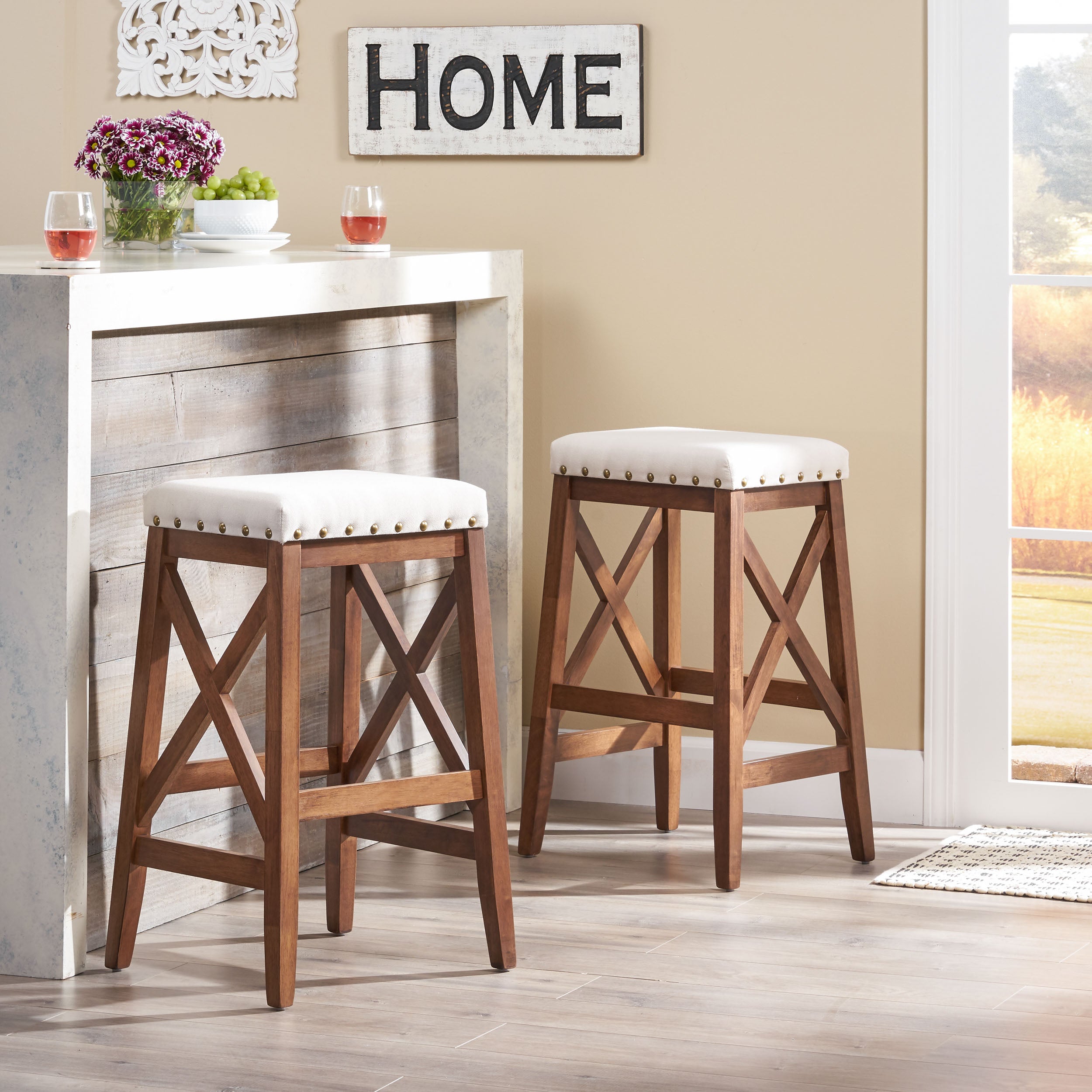 Nancy Contemporary Farmhouse Upholstered Fabric Barstools (Set of 2)