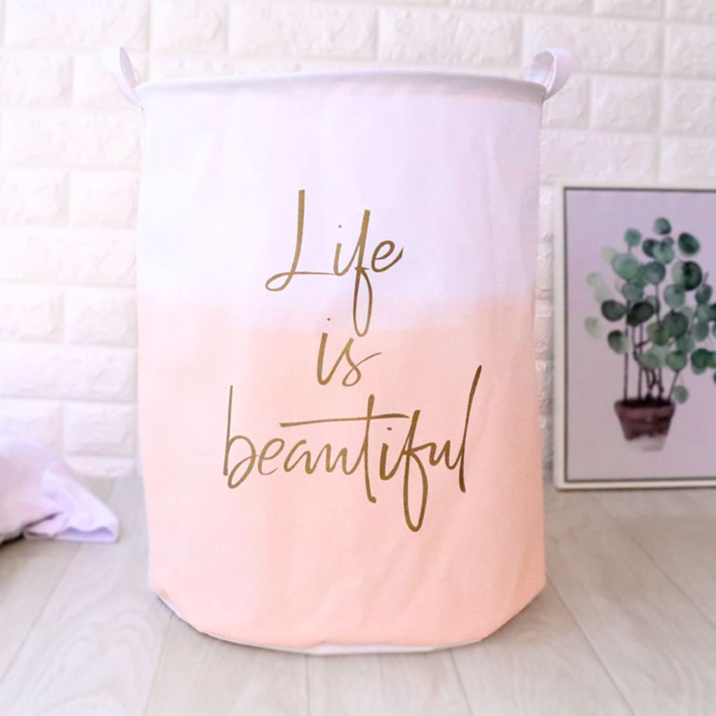 Laundry Basket Round Cotton Linen Collapsible Storage Basket Dirty Clothes Toy Organizer - Pink