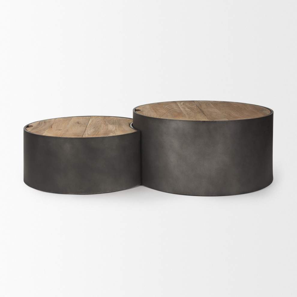 Eclipse Gray Metal Base With Brown Solid Wood Top Round Nested Coffee Tables   Modern   Coffee Tables   by Mercana  Houzz