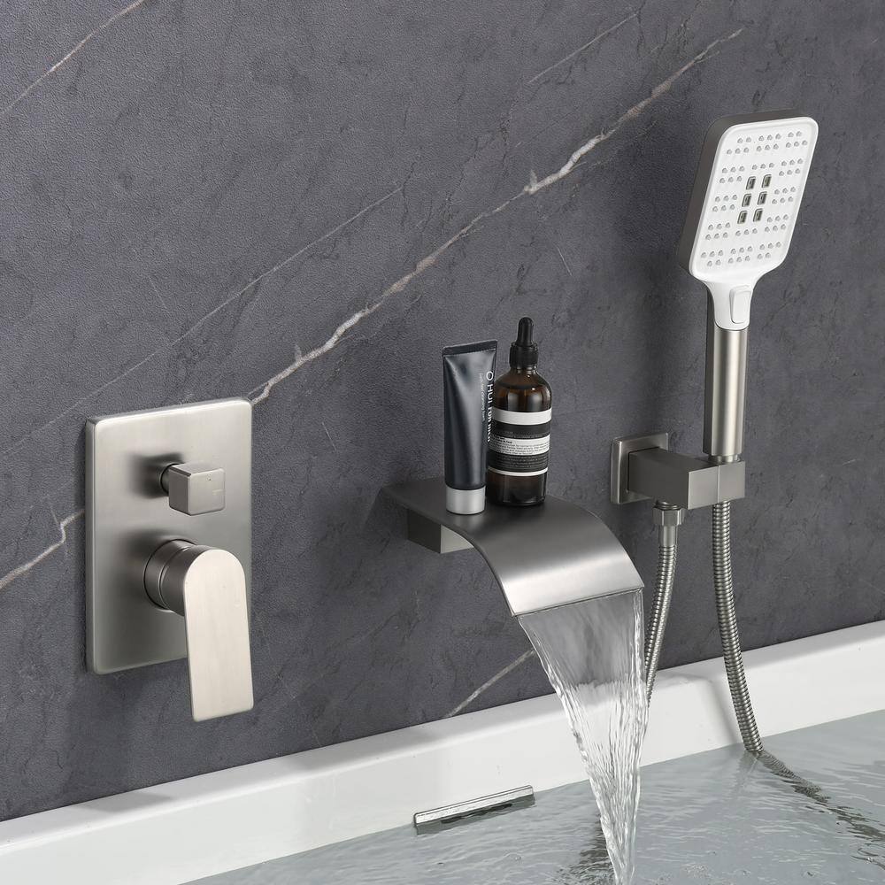 FLG Single-Handle Waterfall Wall Mount Roman Tub Faucet with Hand Shower in Brushed Nickel SS-0041-BN