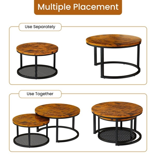 Stylish Round Coffee Table Set Nesting Coffee Tables with Metal Frame and 1 Metal Mesh Shelf (Set of 2)