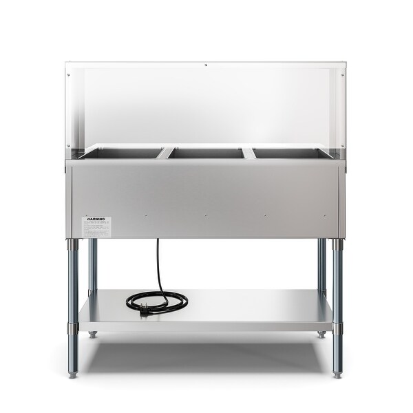 3-Pan Open Well Commercial Electric Stainless Steel Steam Table with Sneeze Guard， Warming Control Knobs， Front Serving Area