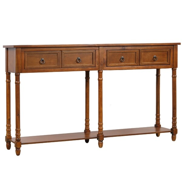 Rectangular Console Table Sofa Table with Drawers and Long Shelf， Walnut