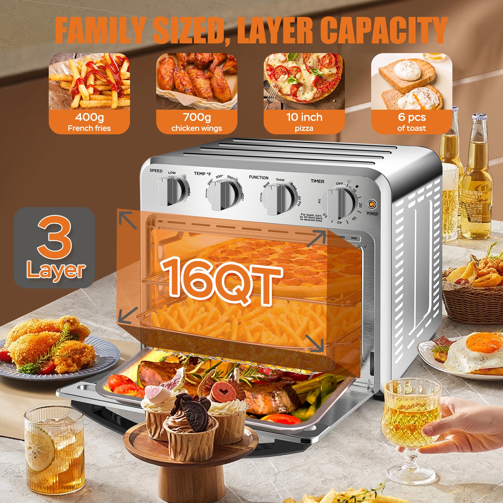 Geek Chef Air Fryer Toaster Oven Combo 16 Quart 5-in-1 Countertop Dehydrator for Chicken, Pizza, Cookies, 1400W, 4 Accessories Included, Silver