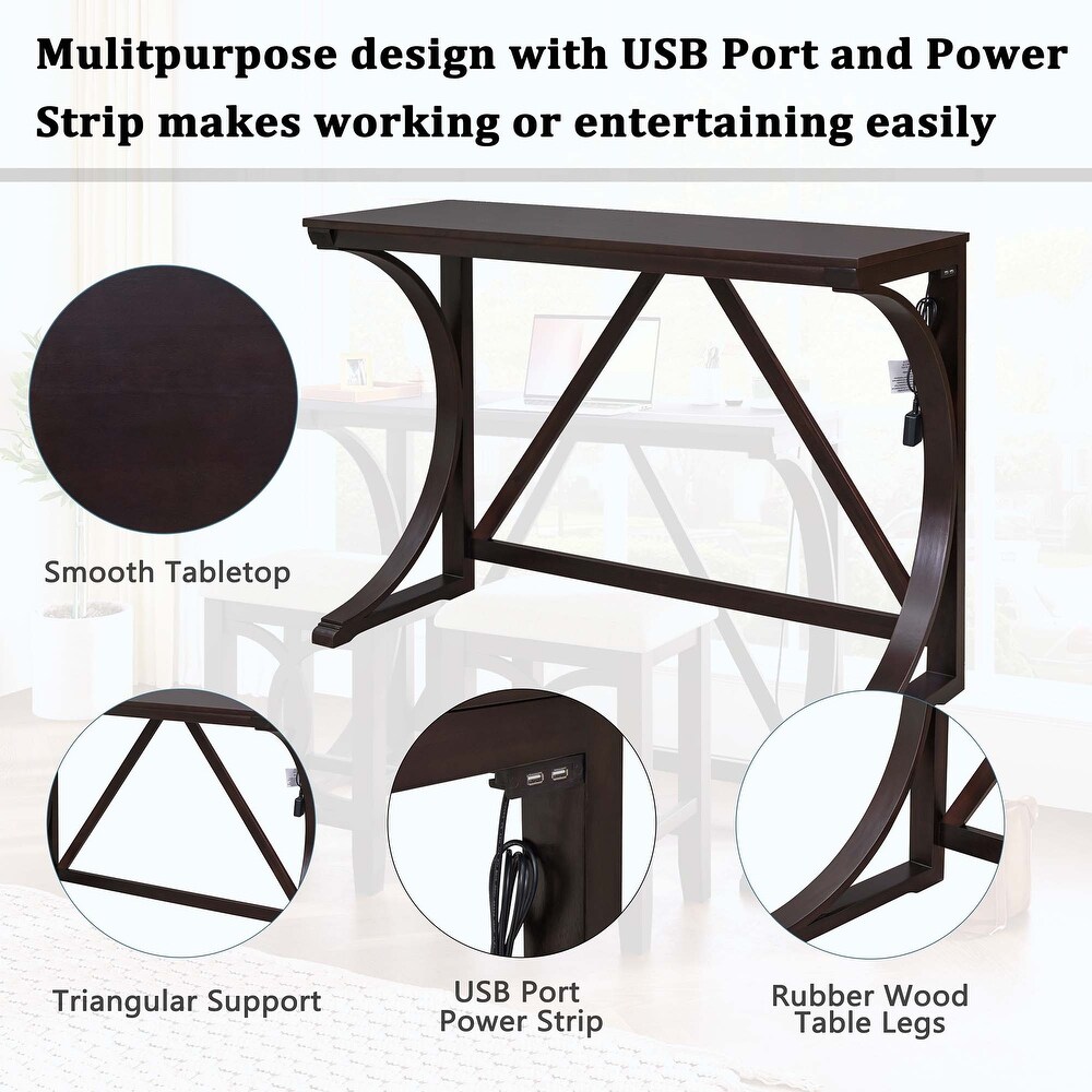 Farmhouse 3 Piece Counter Height Dining Table Set with USB Port and Upholstered Stools