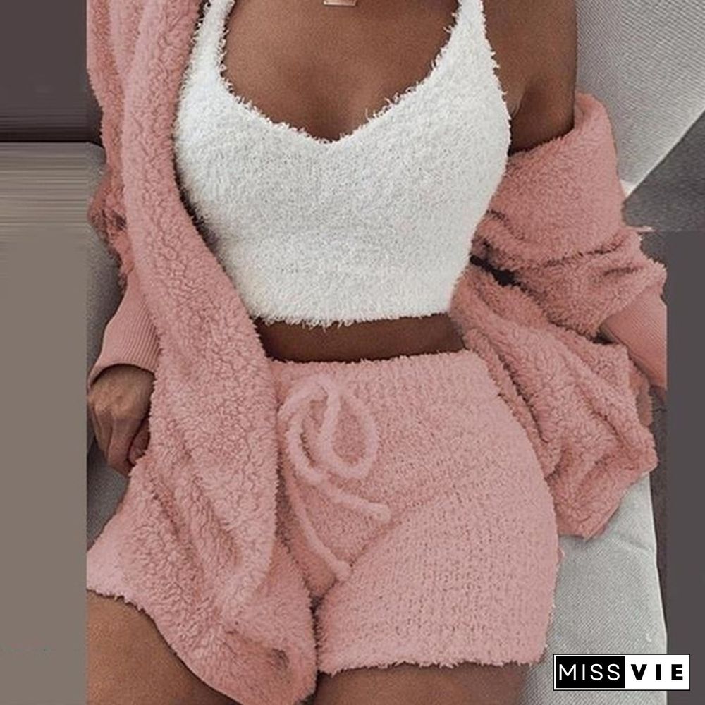 Women Fashion Winter Plush Casual Sportswear Long Sleeve Crop Top Shirt Shorts Suit(1pc Vest or 2pcs Coat+Pants or 3pcs Vest+Coat+Pants)