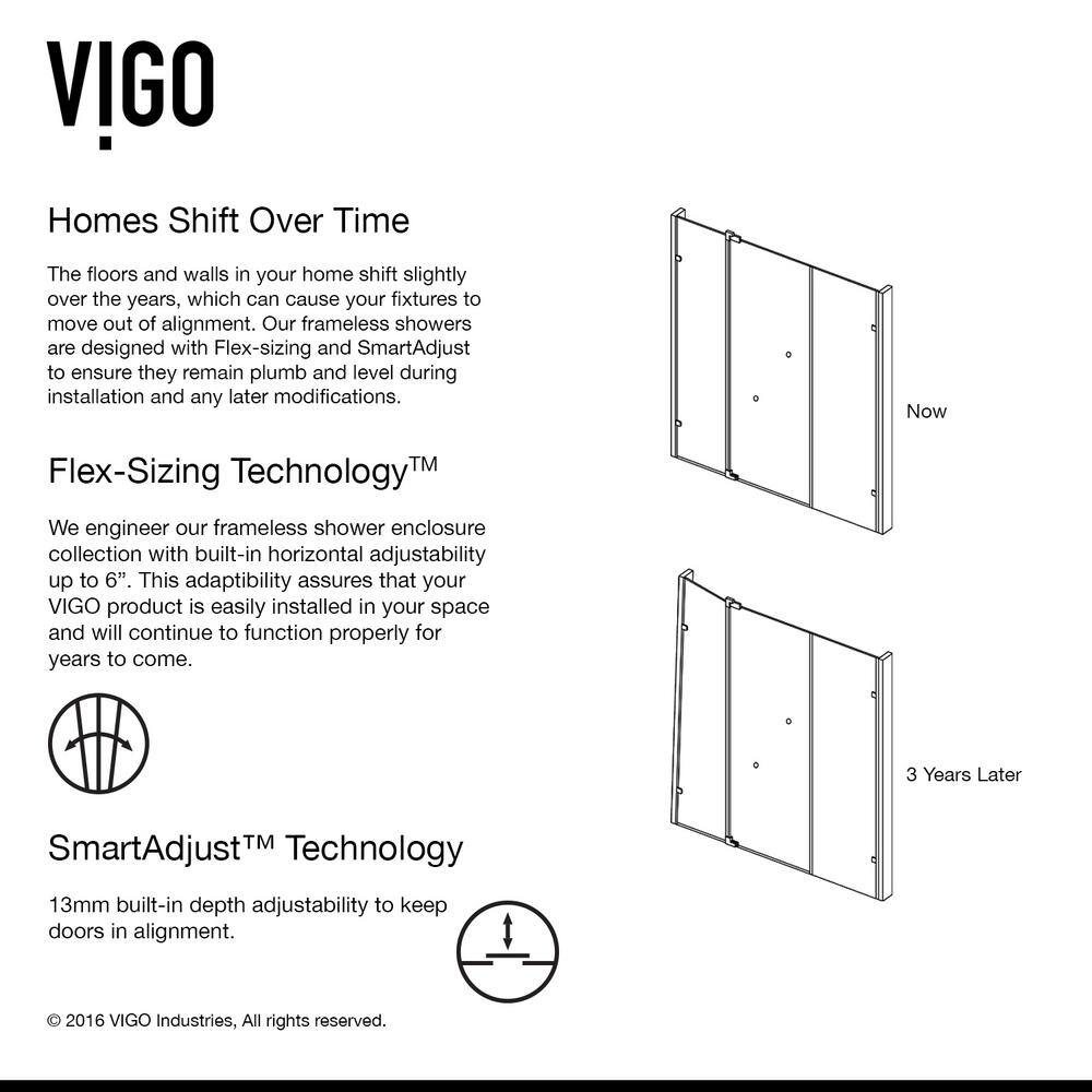 VIGO Pirouette 54 to 60 in. W x 72 in. H Pivot Frameless Shower Door in Brushed Nickel with 38 in. (10mm) Clear Glass VG6042BNCL60