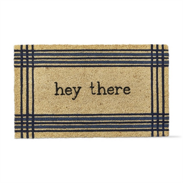 Hey There Sentiment Checked Rectangle Indoor And Outdoor Coir Door Welcome Mat Black On Beige Background