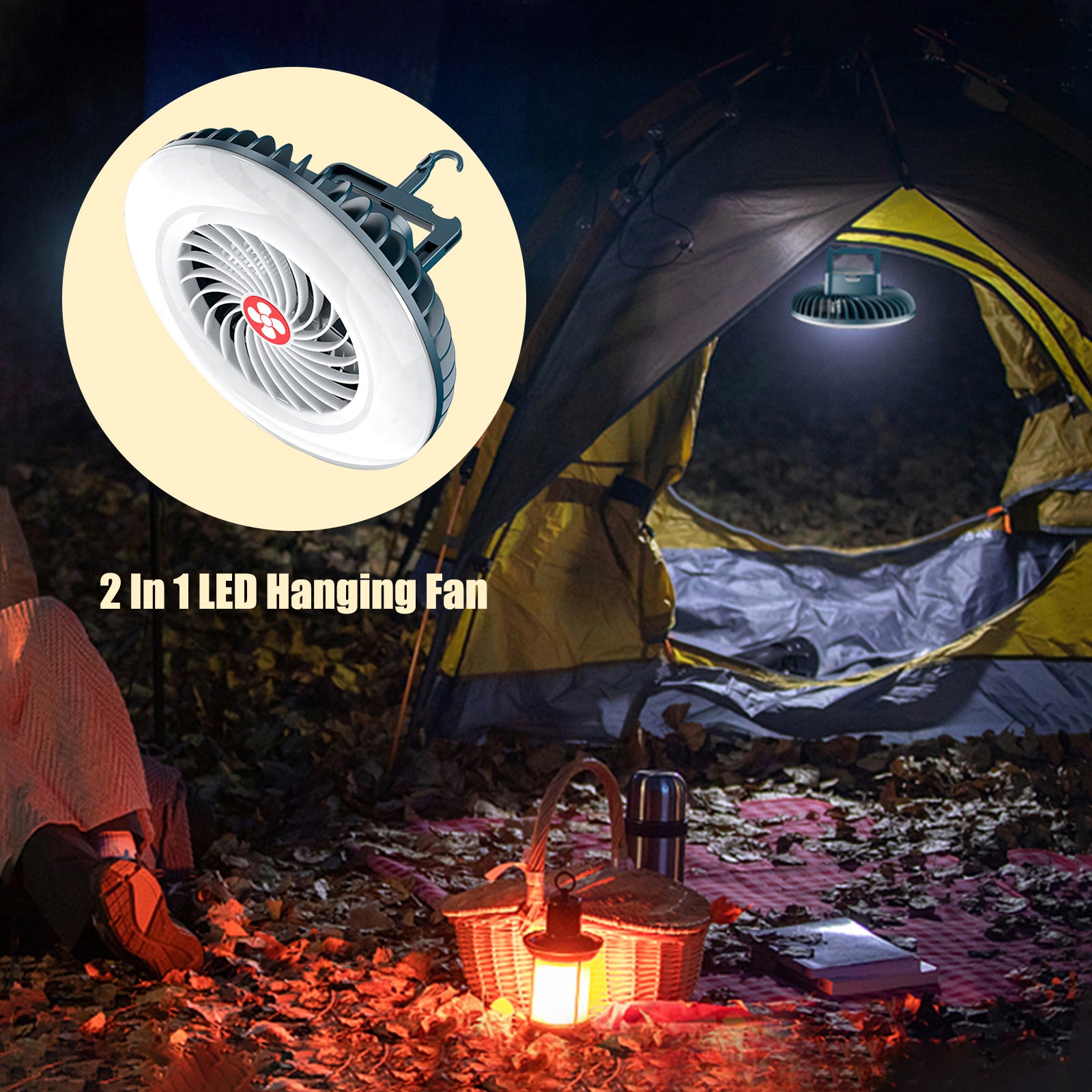 Anself Camping Tent Fan with Hanging Hook Back Magnet LED Ceiling Fan for Outdoor Camping Office Car Emergency Student Dormitory