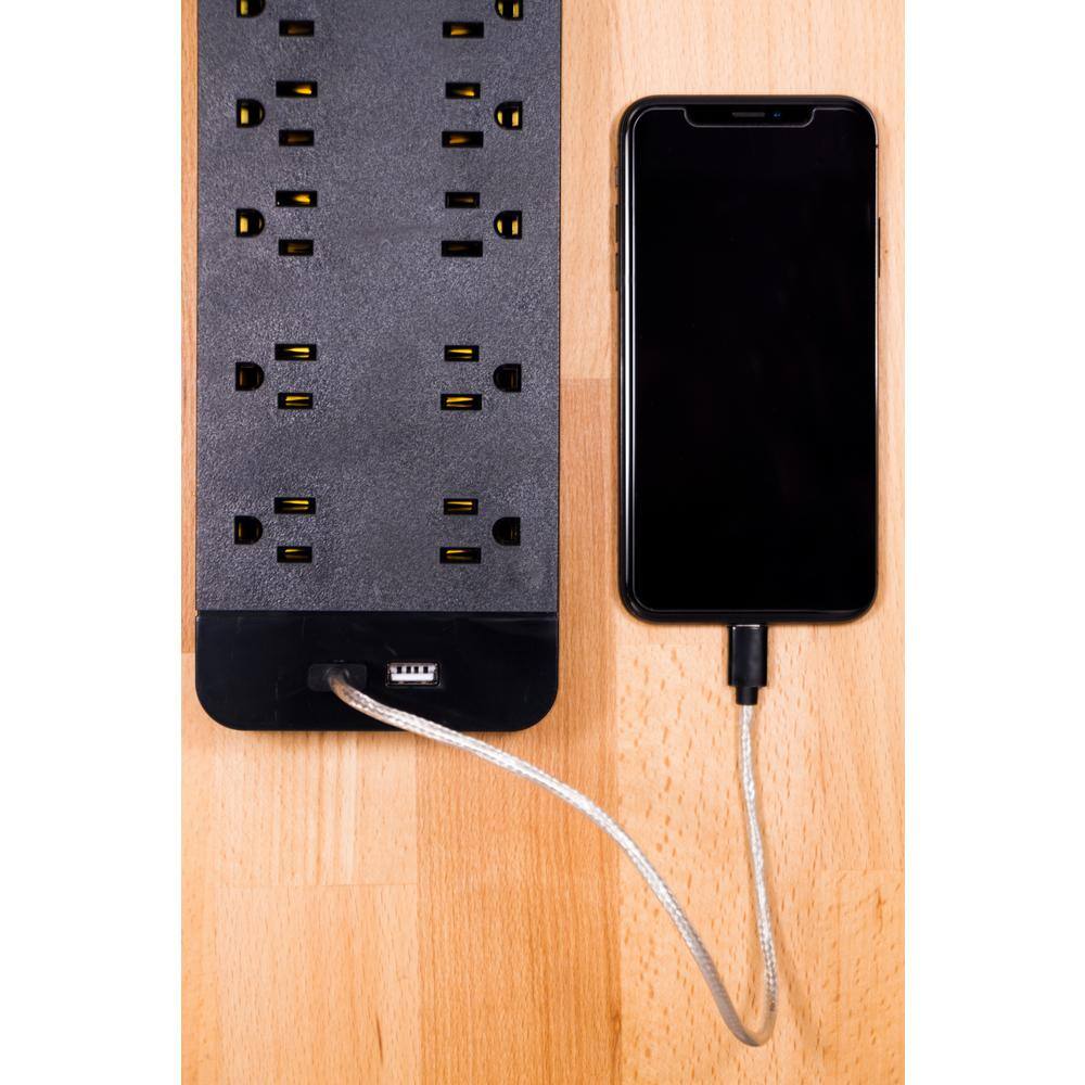 GE 4 ft. 163 10-Outlet 3540J Surge Protector Power Strip Extension Cord with USB Hub Black 37746