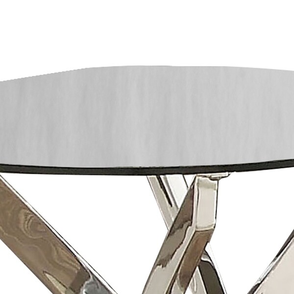 Round Glass Top End Table with Criss Cross Metal Base， Silver