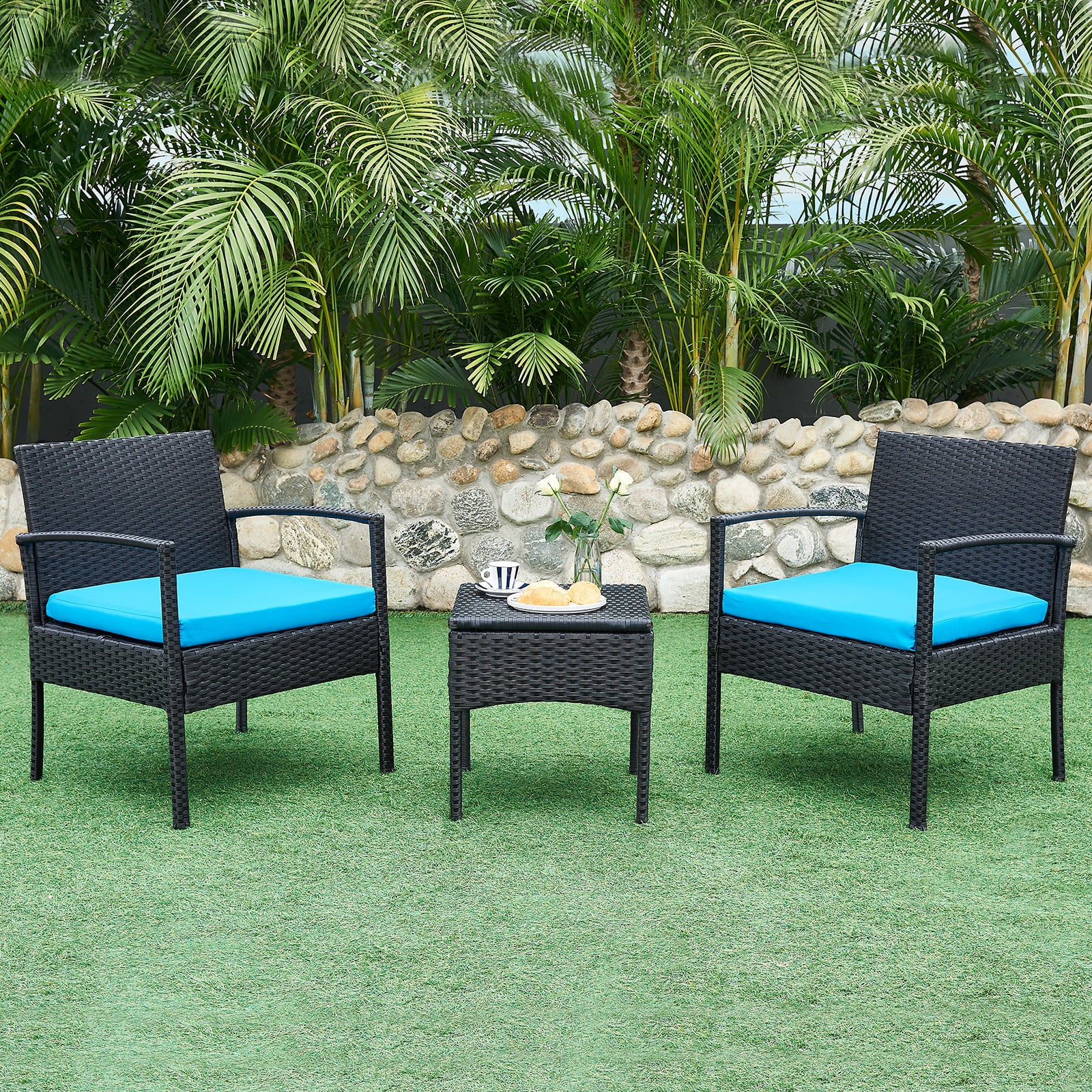 3 Piece Front Porch Patio Furniture Bistro Set， Outdoor Conversation Chairs and Table Set with Cushions， All Weather Garden Furniture for Balcony Pool Backyard Lawn， Blue