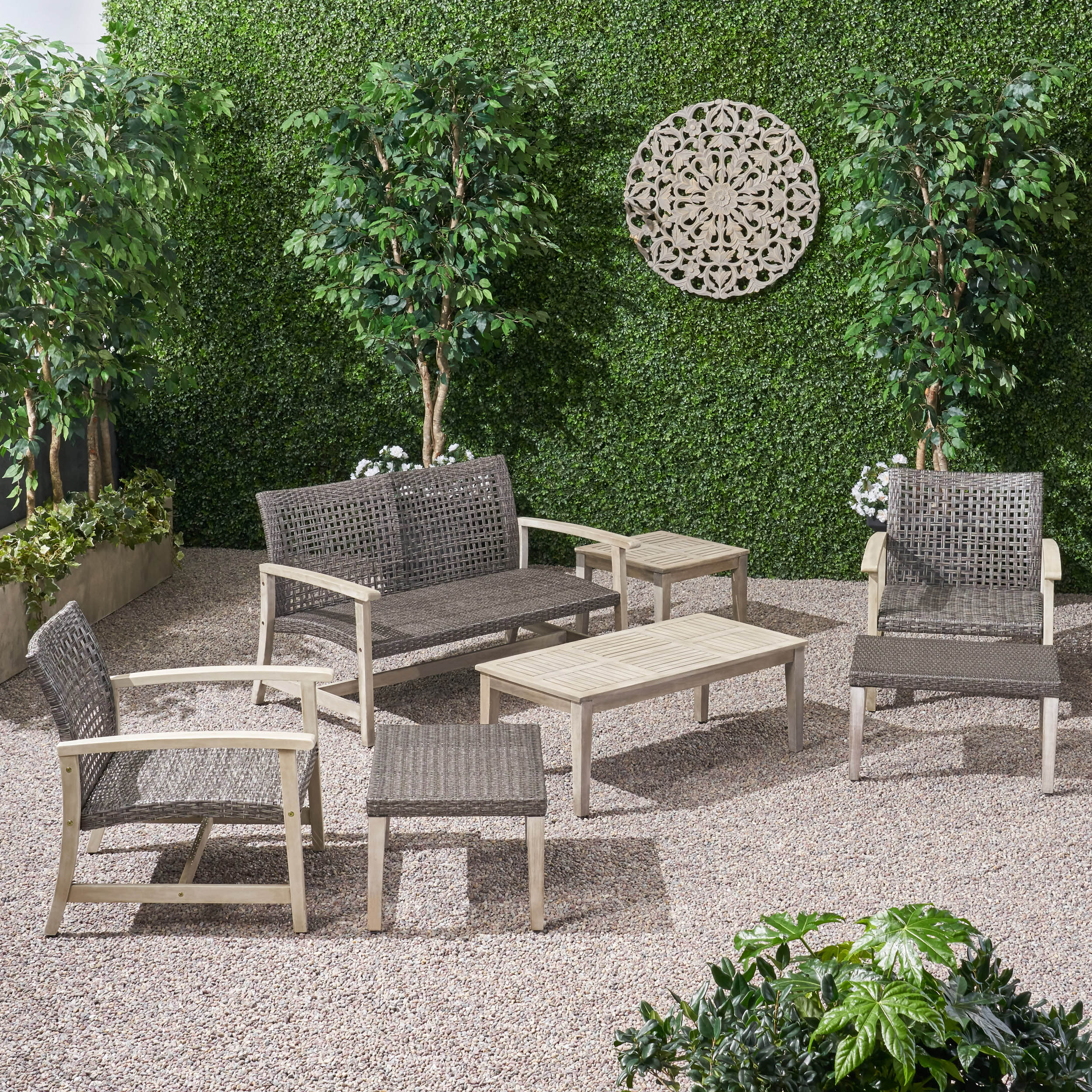 Savannah Outdoor 7 Piece Wood and Wicker Chat Set