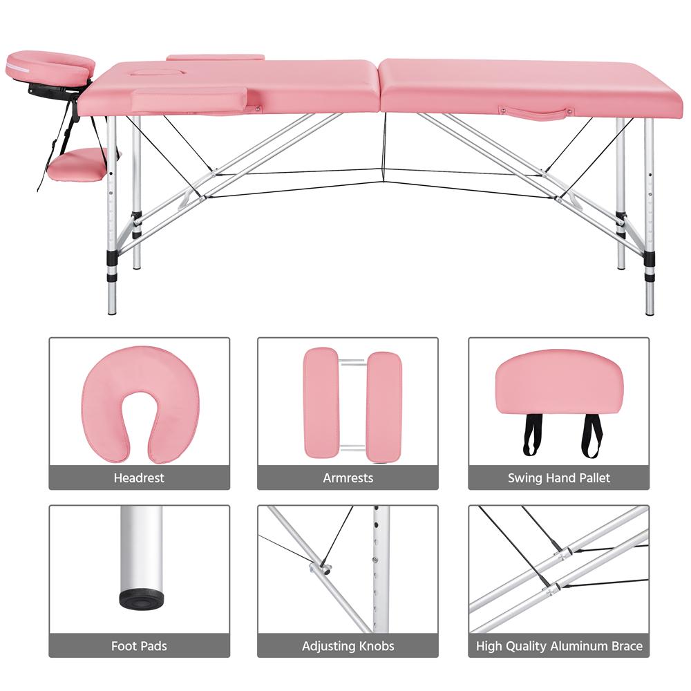 SmileMart 2-Fold Portable Massage Table with Headrest/Armrest/Hand Pallet， Pink