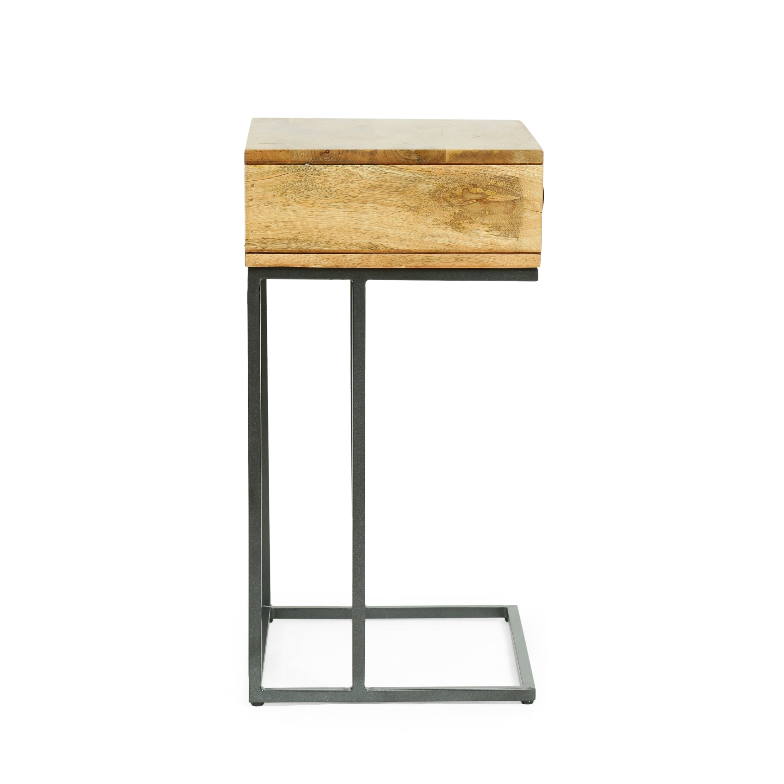 Aranda Modern Industrial Handmade Mango Wood C-Shaped Side Table with Drawer, Natural and Gray