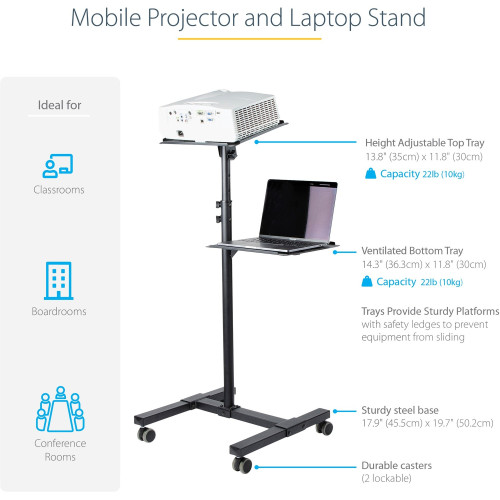 StarTech Mobile Projector and Laptop Stand/Cart， Heavy Duty Portable Projector Stand/Presentation Cart (22lb/shelf)， Height Adjustable (ADJPROJCART)