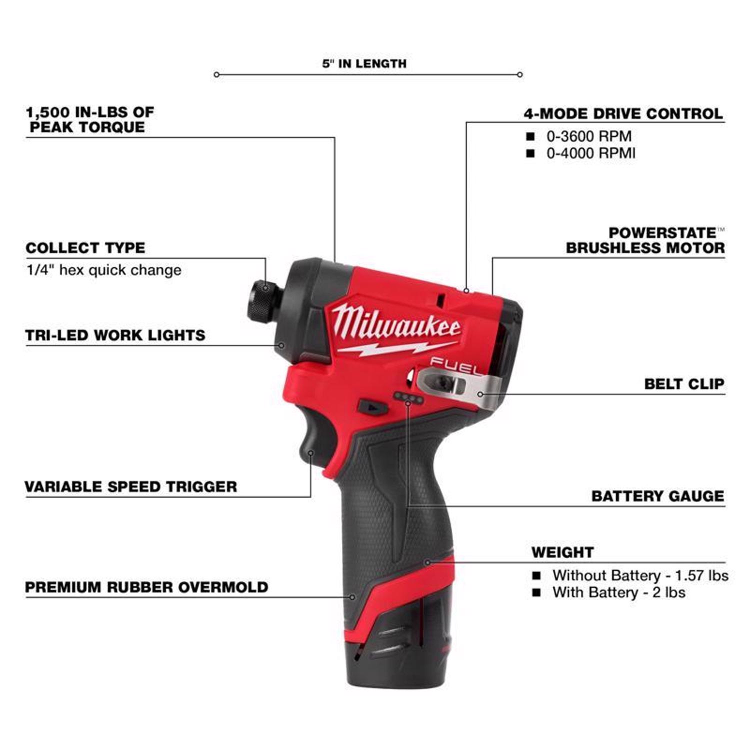 MW M12 FUEL 12 V 1/4 in. Cordless Brushless Impact Driver Kit (Battery \u0026 Charger)