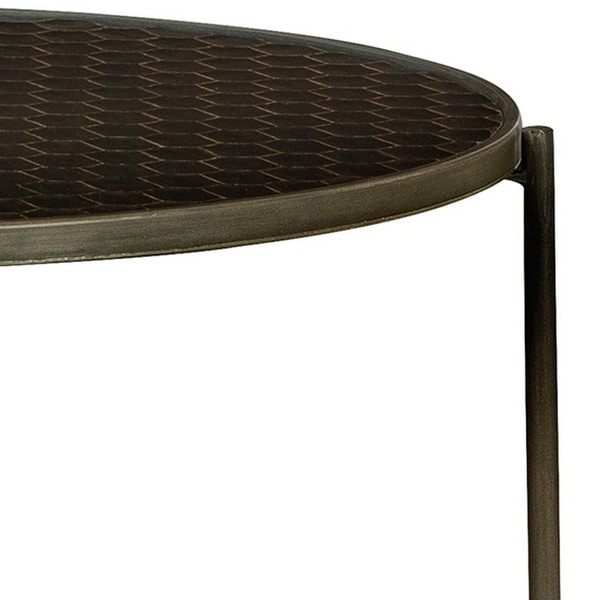 Modern 35 Inch Table， Crossed Metal Legs， Mango Wood Surface， Gray Brown