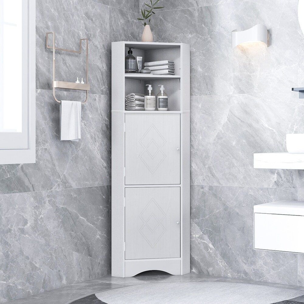 Tall Bathroom White Corner Cabinet  Freestanding Floor Storage Organizer Bookcase with Adjustable Shelves and Doors for Office