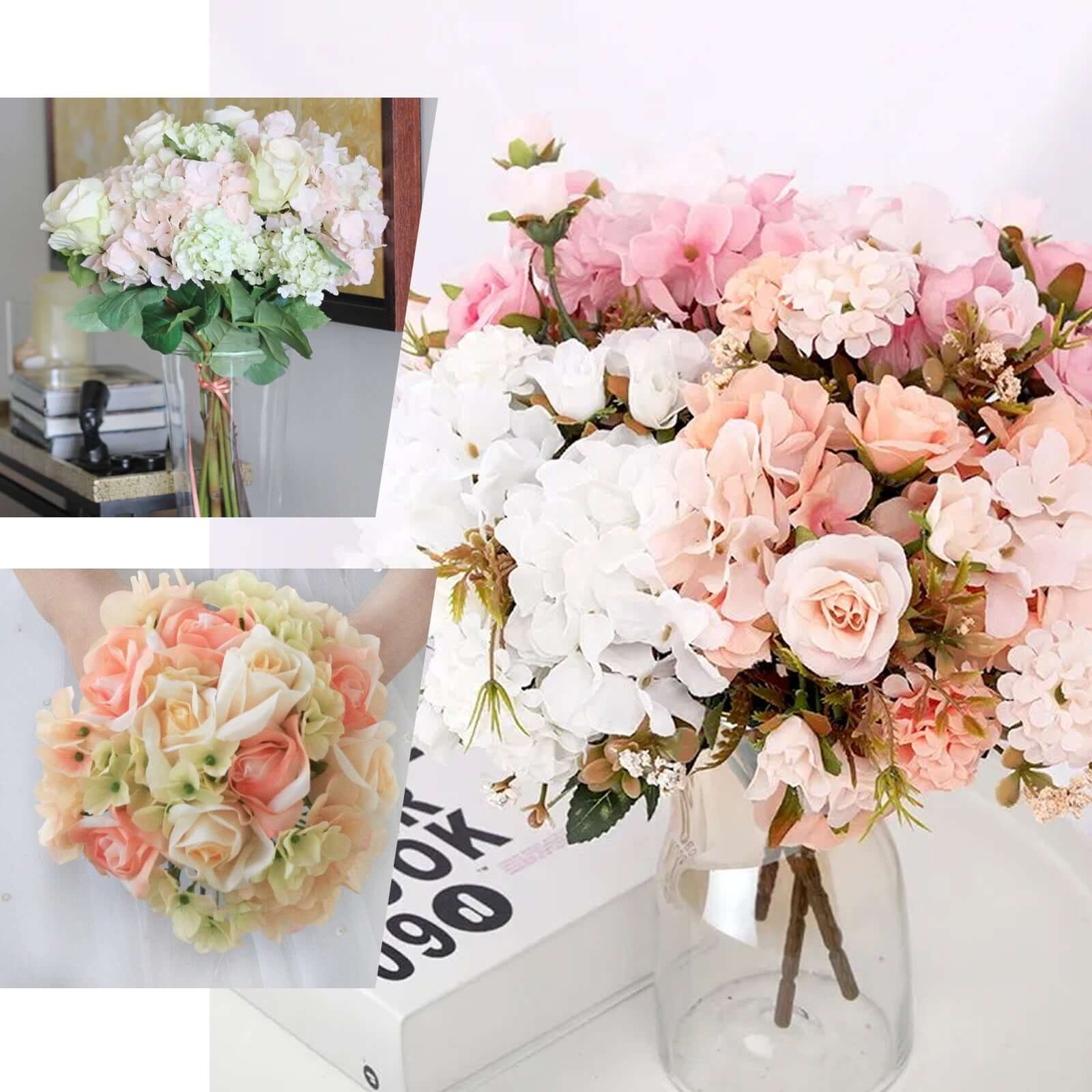 2 Bushes Coral Artificial Silk Rose and Hydrangea Mix Flower Bouquets