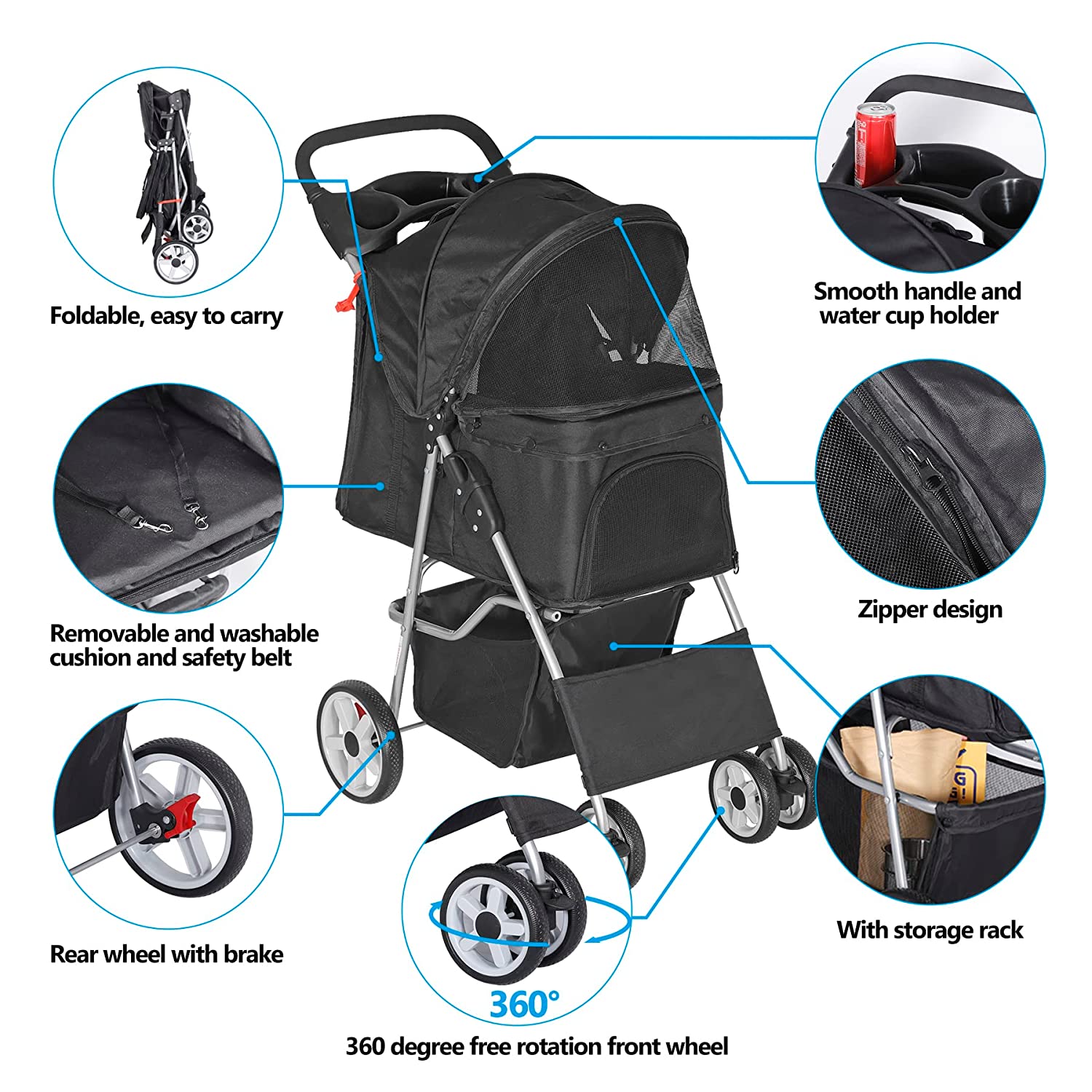 Foldable Pet Stroller， Cat/Dog Stroller with 4 Wheel， Pet Travel Carrier Strolling Cart with Storage Basket， Cup Holder， Black