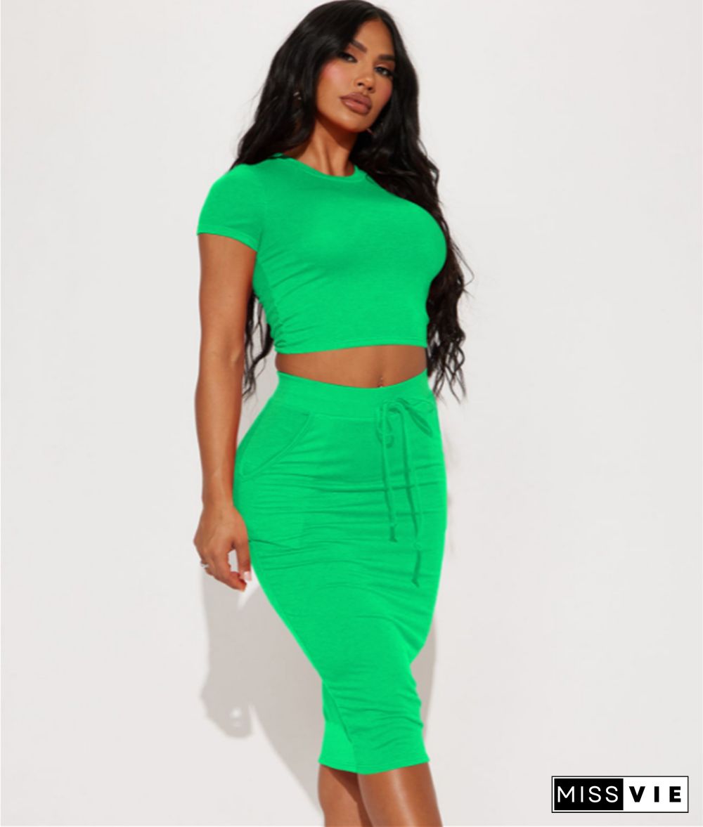 Short Sleeve T-Shirts Crop Tops Midi Skirts 2 Piece Set