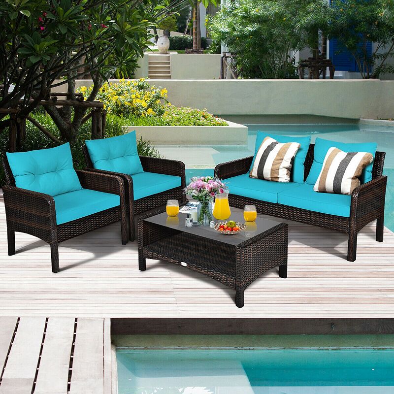 4 Pieces Outdoor Rattan Wicker Loveseat Furniture Set with Cushions