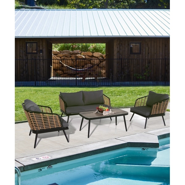 4Piece Rattan Wicker Outdoor Sofa Set with Cushions and Table