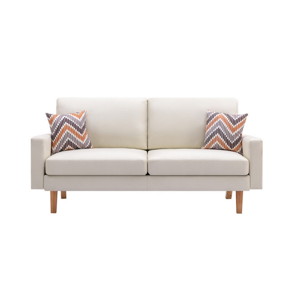 Gala Sofa, Crisp Soft Beige Linen Fabric, 2 Pillows, Brown Solid Wood Frame- Saltoro Sherpi