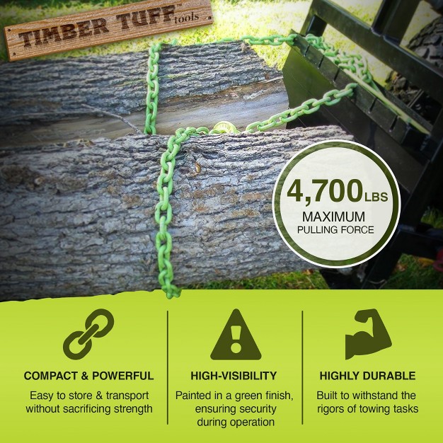 Timber Tuff 15 Foot 4 700 Pound Maximum Pulling Force Choker Chain With Probe Stake For Atvs Utvs And Lawn Tractors High Visibility Green