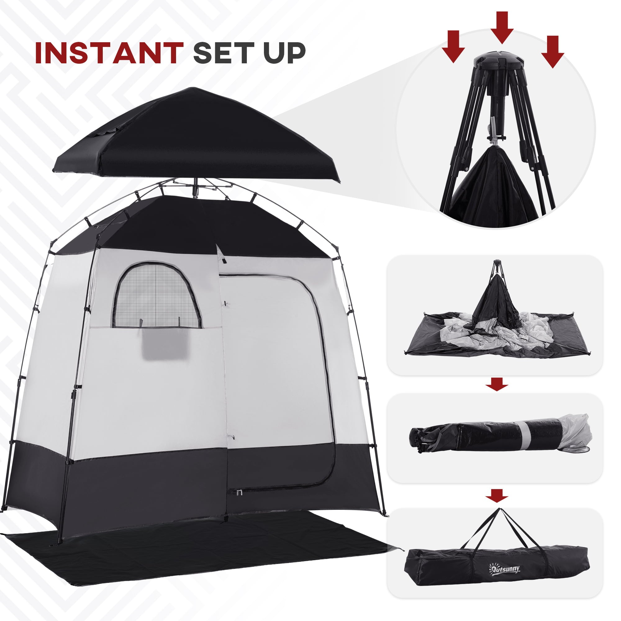 Outsunny Shower Tent, Pop Up Privacy Shelter for Camping, Dressing Changing Room, Portable Instant Outdoor Shower Tent Enclosure w/ 2 Rooms, Shower Bag, Floor and Carrying Bag, Black