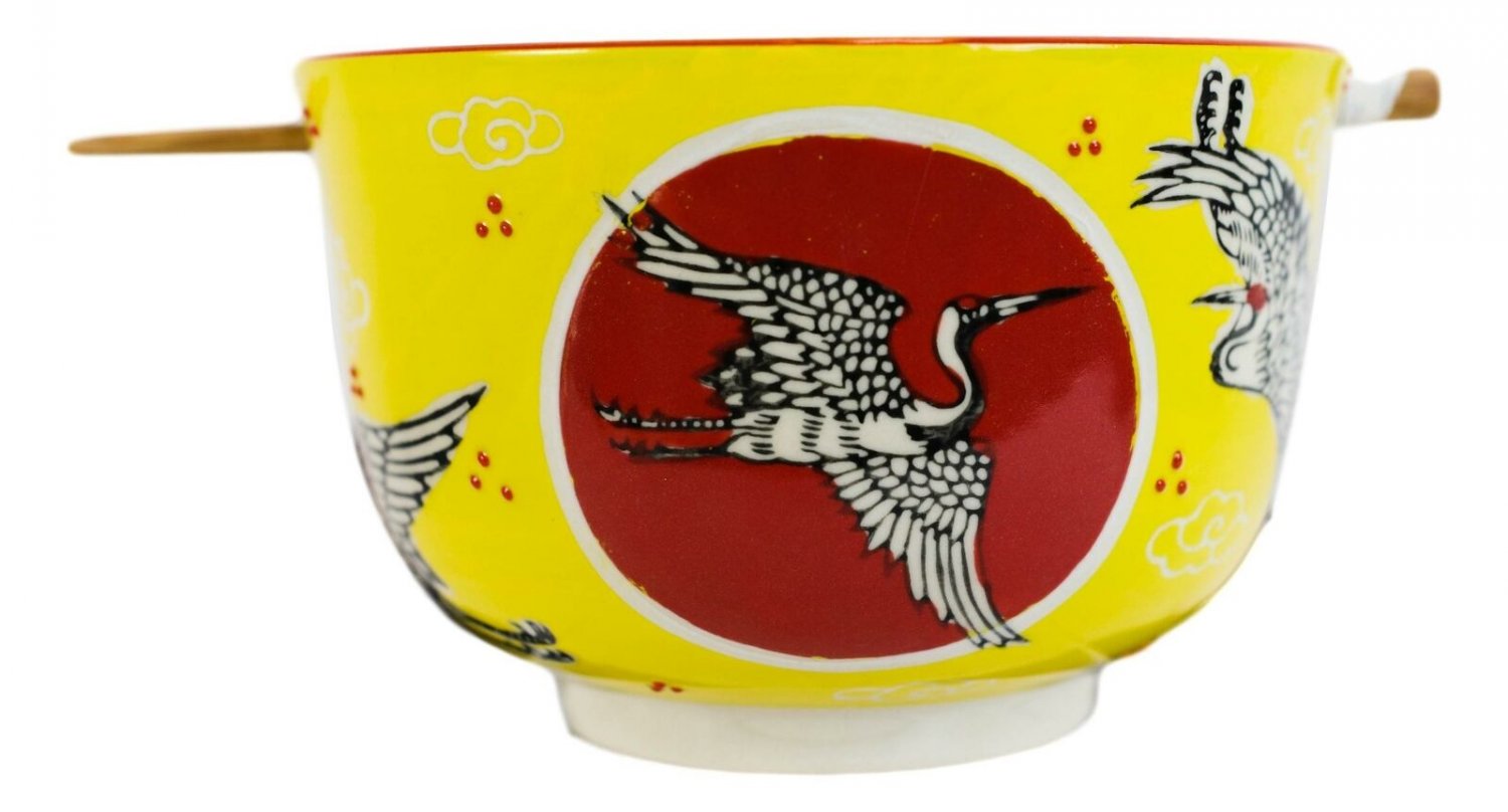 1 Red Flying Crane With Red Moon Ramen Noodles Soup Large 6D Bowl With Chopsticks EBR02