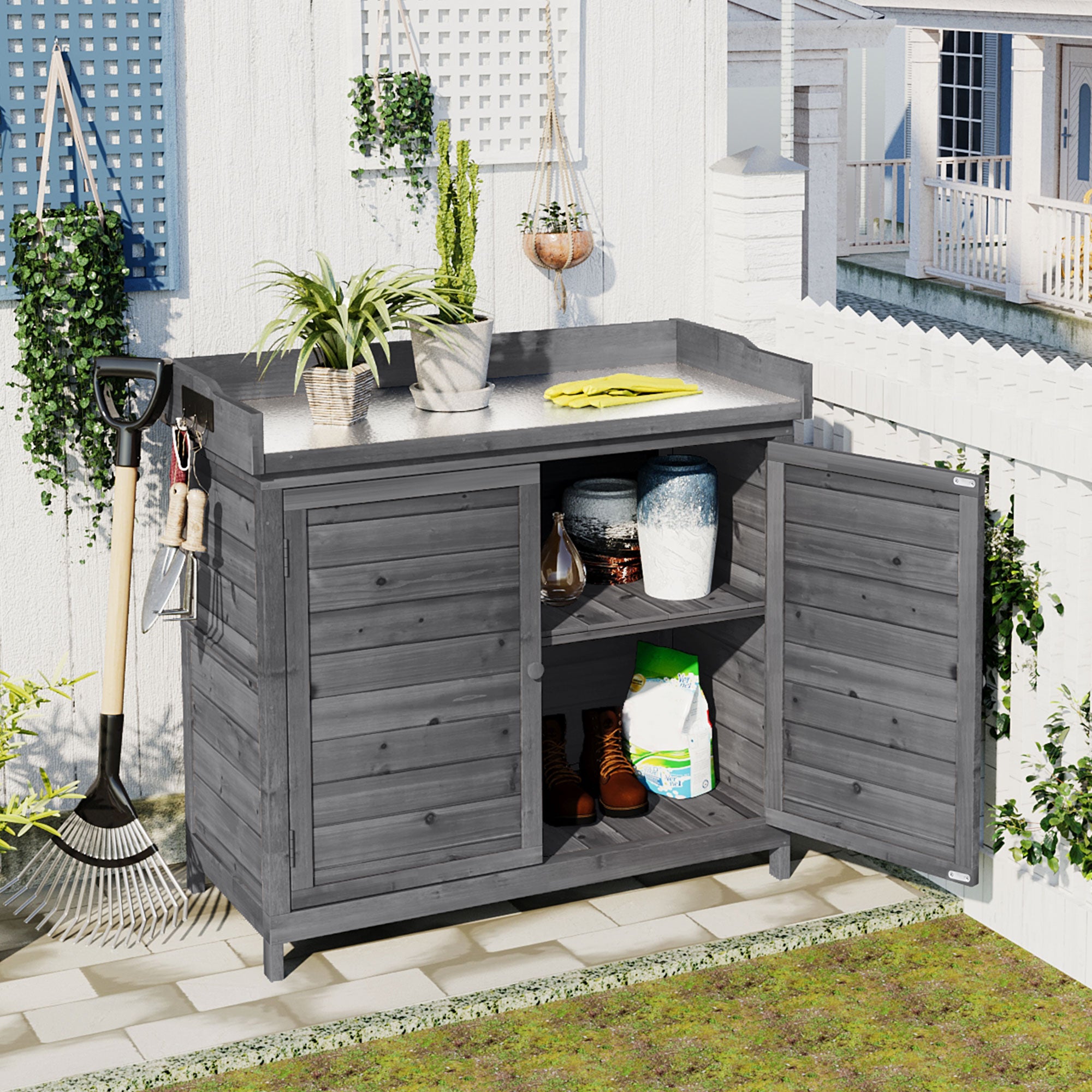 LYPER Outdoor 39" Potting Bench Table, Rustic Garden Wood Workstation Storage Cabinet Garden Shed with 2-Tier Shelves and Side Hook, Grey