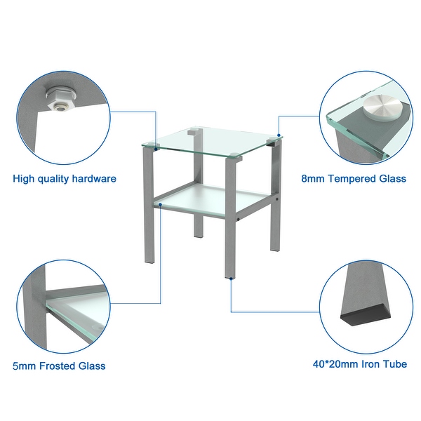 Two Layers Glass Side Table with Glass Tabletop and Metal Legs