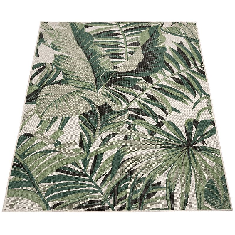 In- and Outdoor Rug Tropical Palm Leaf Design for Patio in Green Beige