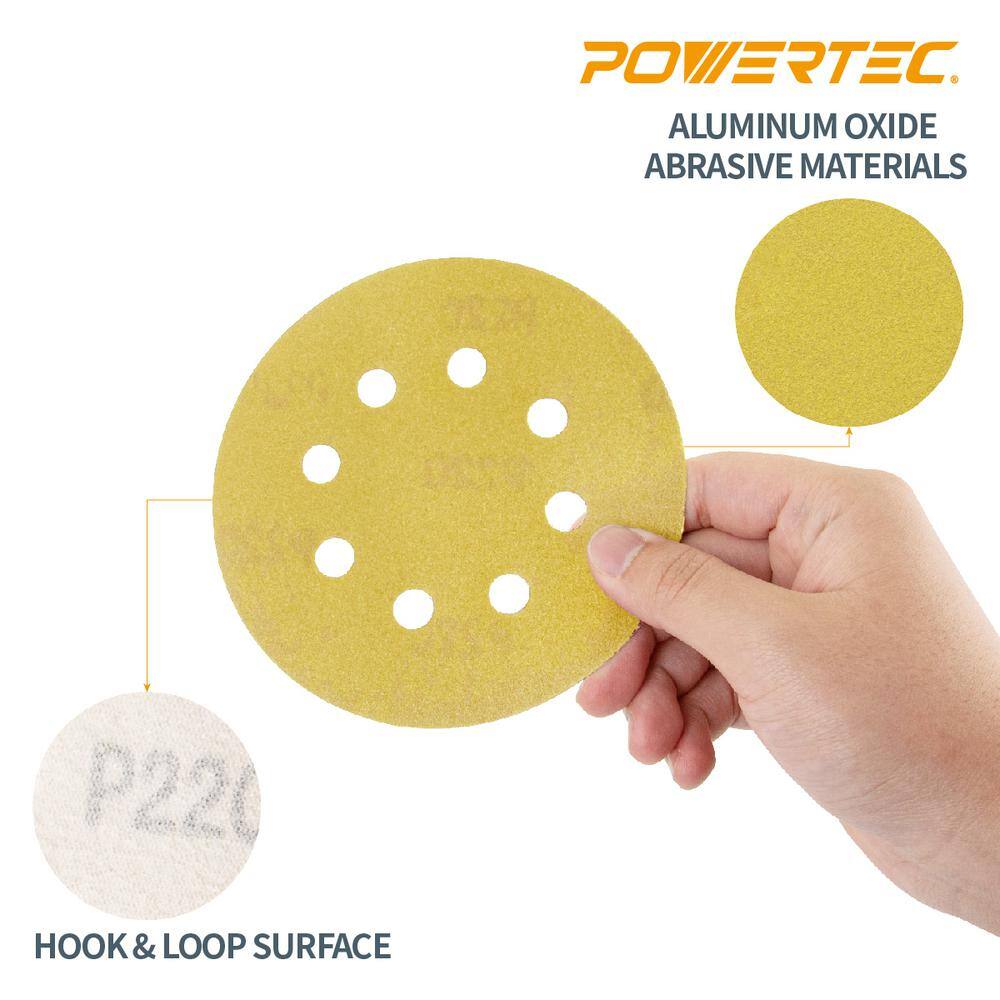 POWERTEC 5 in. 8-Hole 80-Grit Hook and Loop Sanding Discs in Gold (50-Pack) 44008G-50