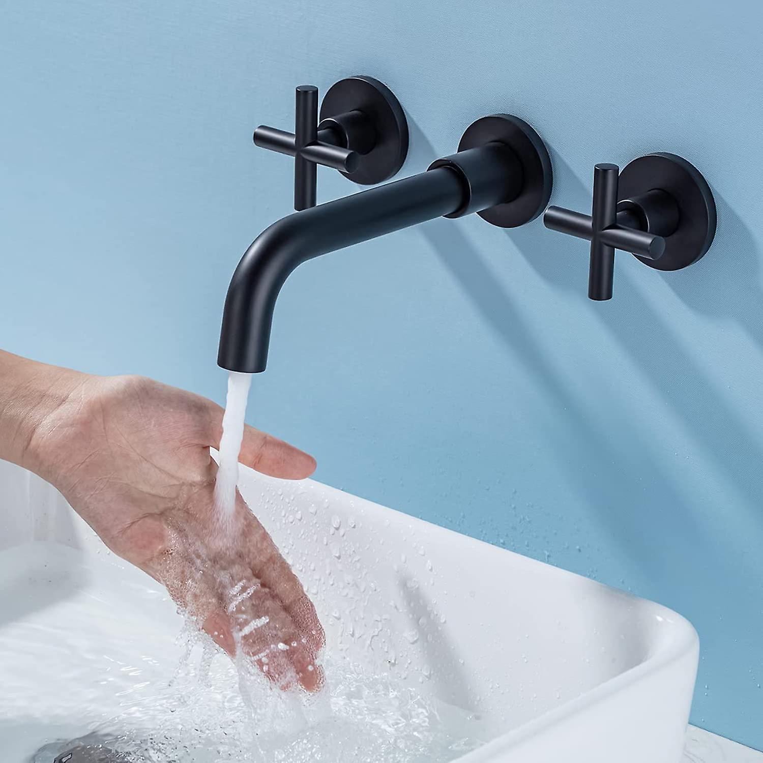 Basin Mixer Tap Matte Black Wall Mounted Bathroom Faucet Double Handle Brass Basin Mixer Tap With Rough Valve Included