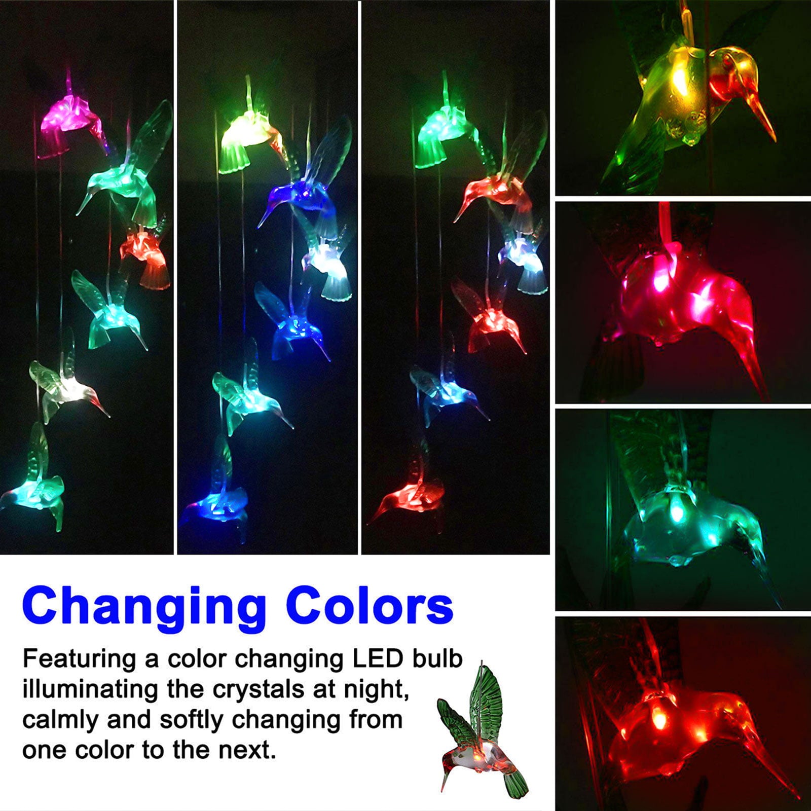 Solar Changing Color Hummingbird Wind Chime， EEEkit 24'' Solar Powered LED Waterproof Hanging Lamp Bird Windchime Light for Outdoor Indoor Gardening Yard Pathway Decoration