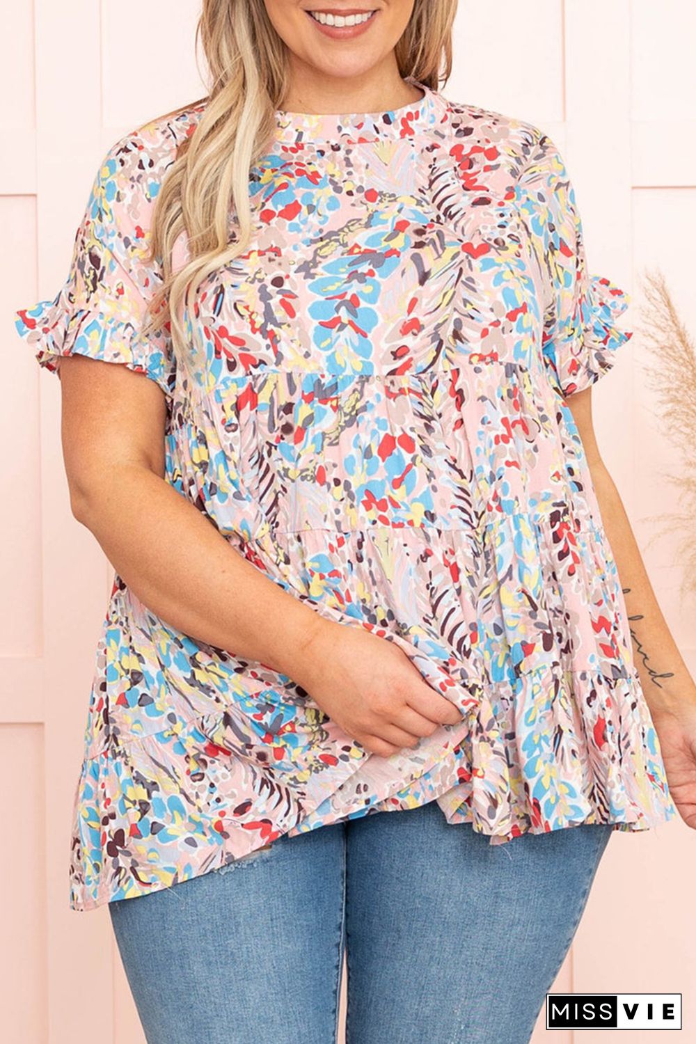 Pink Floral Print Tiered Ruffled Plus Size Blouse